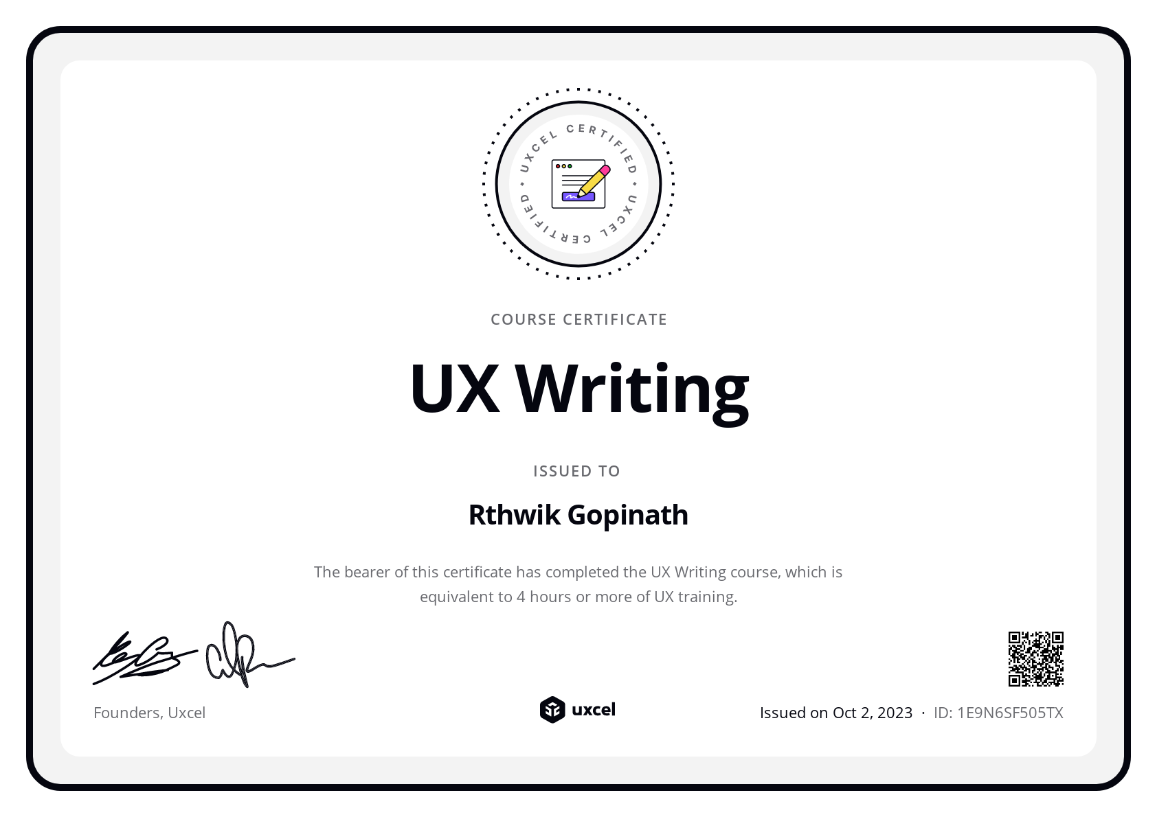 Rthwik Gopinath's certificate